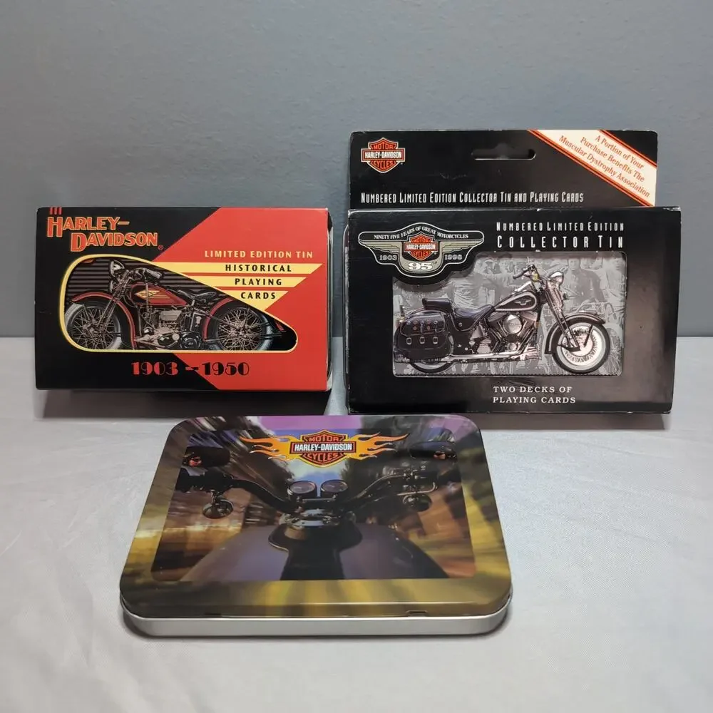 Lot of 3 Collectable Vintage Harley Davidson Playing Cards and Tins New Sealed